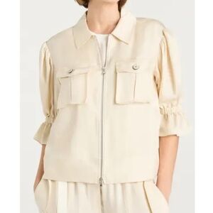 Cinq A Sept Holly Satin Pocket Puff Short Sleeve Ruffle Ivory Jacket size small